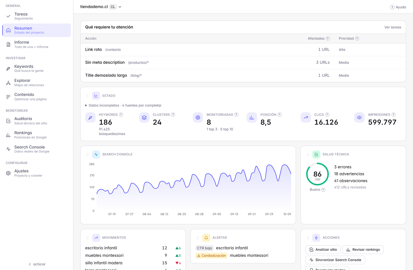 Dashboard de FSV Search: tareas priorizadas, salud técnica y datos de Search Console