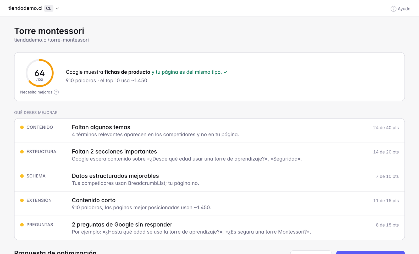 Análisis de contenido en FSV Search: puntaje, términos faltantes y brief